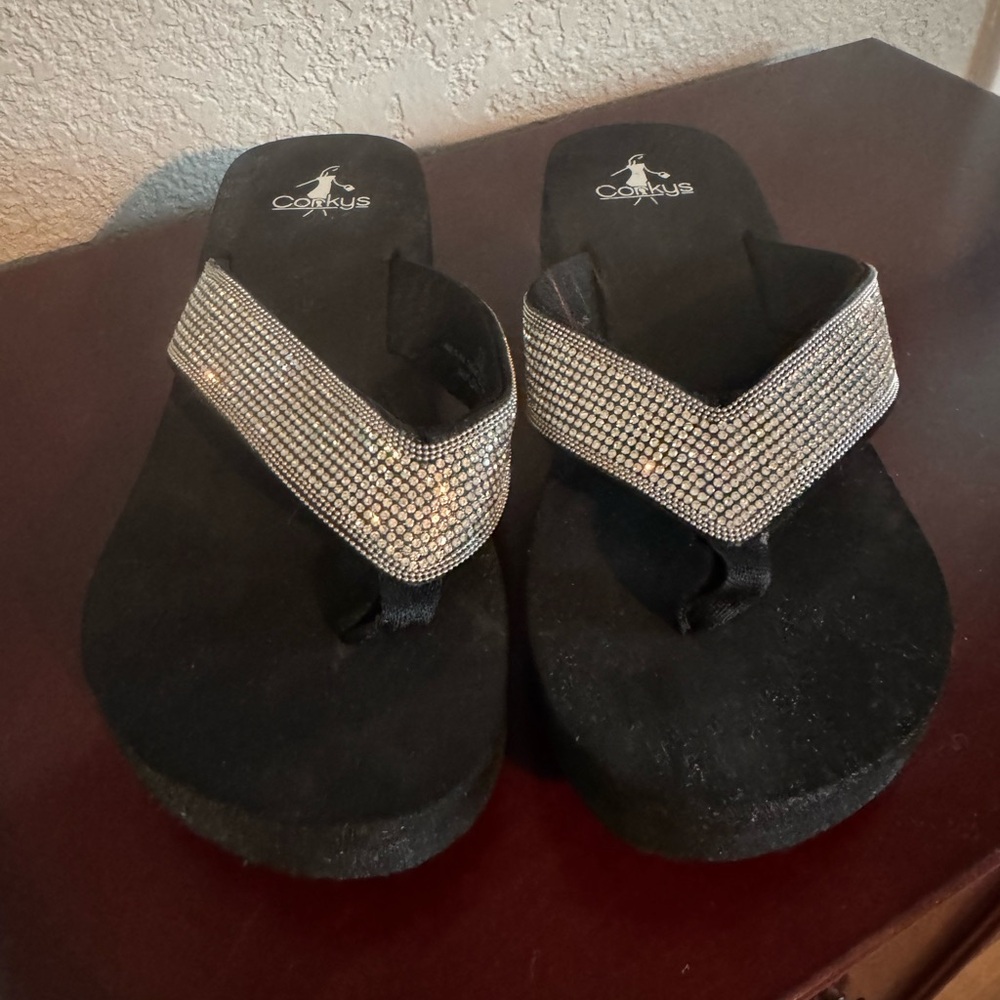 NWOT Corkys Black Sandals with Sparkling Silver Straps